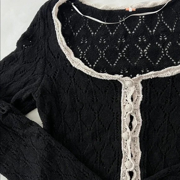 Free People Adelene Cardigan - Black Linen Blend Knit Large $128 - Picture 5 of 10